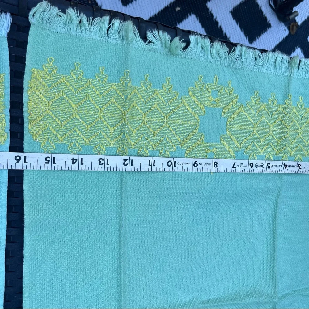 Two Vintage Tea Towels Cloth Aqua and Yellow Embroidered
